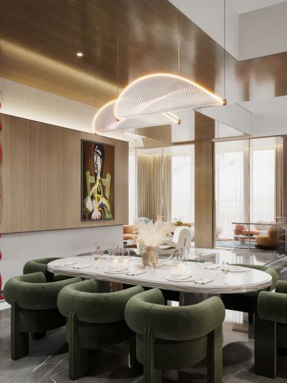 A series of visualizations for a modern dining area set against a sculptural staircase. We've captured the scene from various perspectives to showcase the artistic wall, the unique lighting, and the elegant furniture.