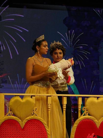 The birth of Snow White, a pivotal moment in our ballet musical. We use storytelling to bring these classic tales to life on stage.