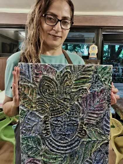 This unique artwork of a deity was made using a 3D texture technique. The student explored a new way to express her devotion, creating a piece that is rich in both spiritual meaning and artistic style.