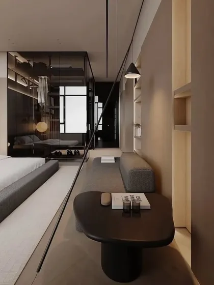 This perspective shows how the walk-in closet and the main bedroom area are connected, creating a seamless and highly functional master suite.