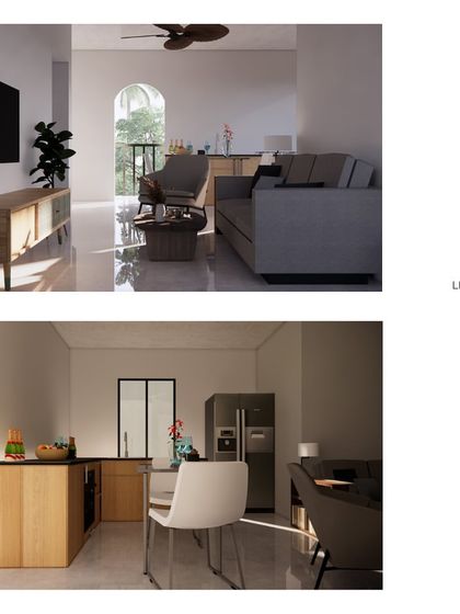 Conceptual renderings for the "Vault House," a residential project on a narrow 15'x40' plot in Chennai. This option explores a curving plane, creating bright and modern living and kitchen spaces that open to the outdoors.