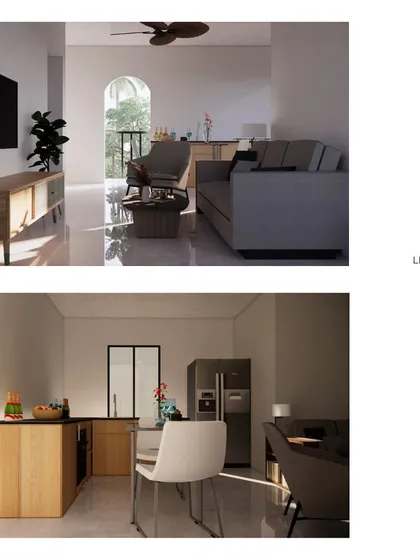 Conceptual renderings for the "Vault House," a residential project on a narrow 15'x40' plot in Chennai. This option explores a curving plane, creating bright and modern living and kitchen spaces that open to the outdoors.