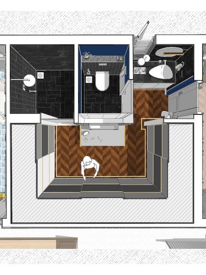 A floor plan of the multi-functional bathroom and walk-in closet, showing how innovative space planning can enhance daily routines.