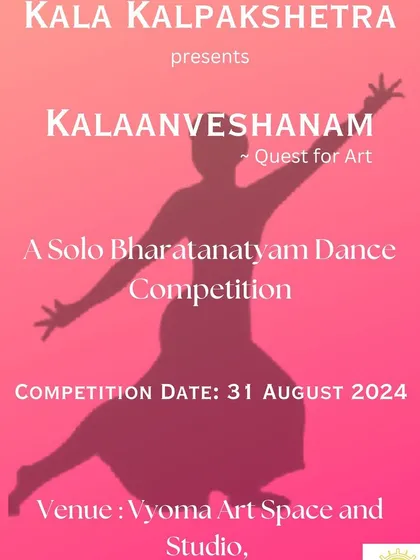 The poster for "Kalaanveshanam," a solo Bharatanatyam dance competition, providing a stage for aspiring dancers to showcase their quest for art.