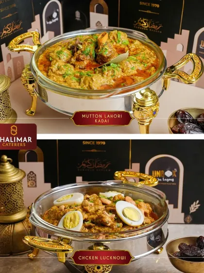 Our Iftar boxes feature a variety of main courses. Here you can see the robust Mutton Lahori Kadai and the delicately spiced Chicken Lucknowi, served in elegant silver dishes.