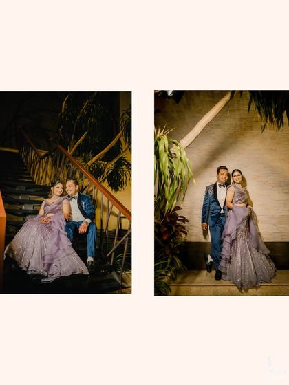 A diptych of the couple's portraits on a staircase at their destination Sangeet, capturing the romantic, tropical night-time ambiance.
