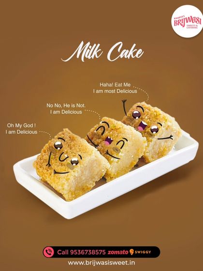My Milk Cake is so delicious, the pieces start talking. This fun graphic highlights the grainy, caramelized texture and rich milky flavor of this classic sweet.