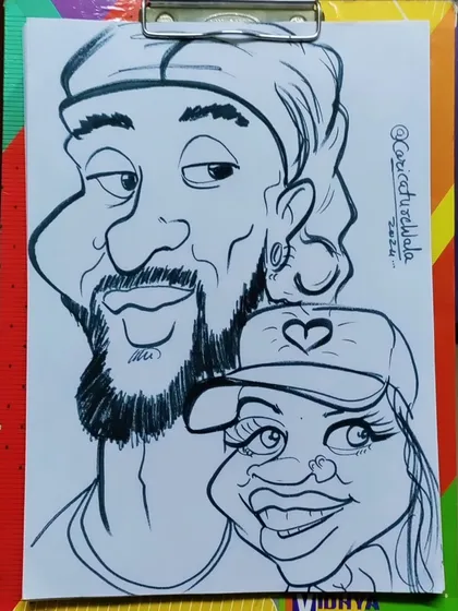 This couple caricature has a playful vibe. I enjoy adding little details that reflect the personality of the people I draw.