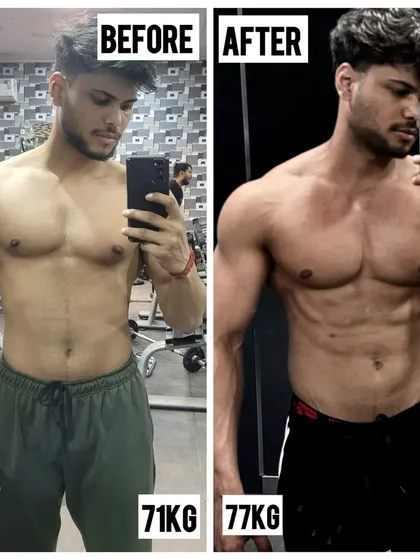 A clean 6kg muscle gain, going from 71kg to 77kg. This front view shows how we added size to the chest and shoulders while keeping the midsection lean. This is what a successful lean bulk looks like.