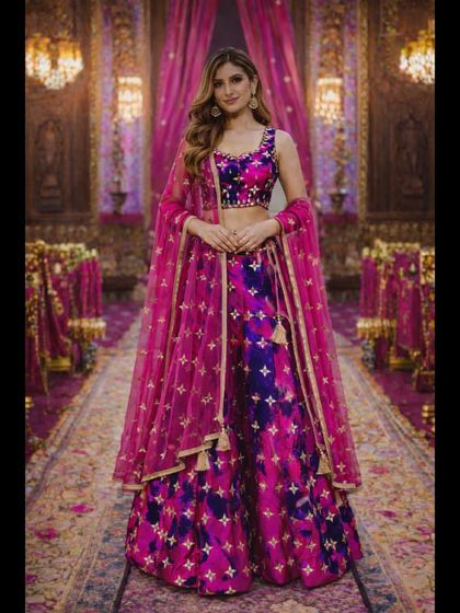 A frontal view showcasing the full outfit, including the sheer pink dupatta with gold star motifs. This lehenga is a perfect blend of traditional colors and contemporary design.