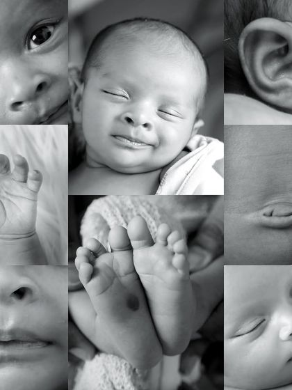 A black and white collage of newborn details. This artistic composition highlights the textures and shapes of their tiny hands, feet, and facial features in a timeless way.