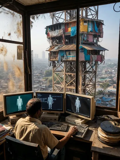 Inside one of the 'Network Nagar' towers, a man works on old computer terminals, looking out at another tower. This adds a layer to the world, showing the lives of the people who inhabit these vertical structures.