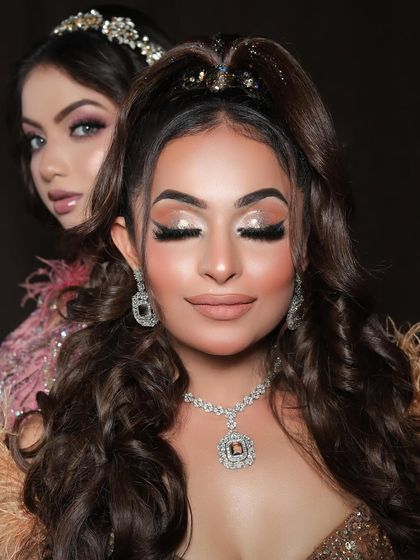 A close-up on a golden glittery eye look. This demonstrates the detailed techniques our students learn for creating impactful party makeup.