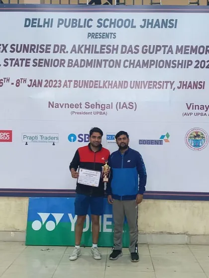 My trainee Himanshu Mittal with his trophy after winning the U.P. Senior State Championship Men's Doubles title.