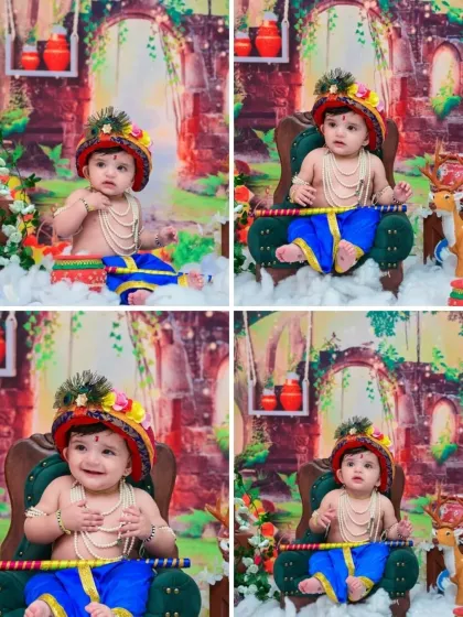 A four-photo collage showcasing the many adorable expressions of baby Krishna. From smiles to thoughtful looks, this collection captures the full charm of the little one.