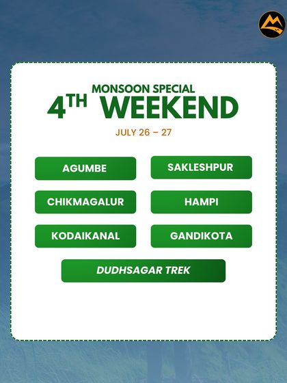 For the 4th weekend of July, you can join us for trips to Agumbe, Sakleshpur, Chikmagalur, Hampi, or Gandikota.
