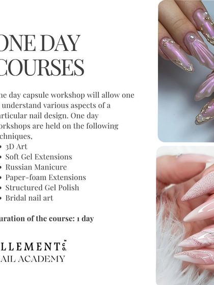 Our one-day capsule workshops allow you to master a particular nail design or technique. We offer courses in 3D Art, Soft Gel Extensions, Russian Manicure, Bridal Nail Art, and more.