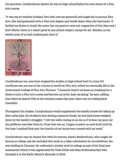 A page from The Hindu article, detailing Unnikrishnan's journey into the art world and the encouragement he received from his art teacher.