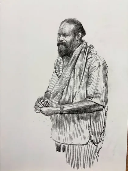 This figure drawing captures a man in a moment of quiet contemplation. The simple line work effectively conveys his posture and the texture of his shawl.