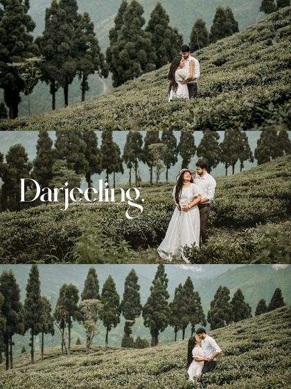 This collage beautifully captures the essence of a Darjeeling pre-wedding shoot. It showcases the vast, green landscapes and the intimate moments shared by the couple amidst nature.