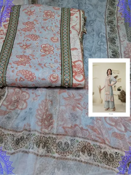 A lovely pastel blue dress material in a Karachi-inspired digital print. The soft muslin fabric and the intricate patterns make it a great choice for comfortable yet fashionable daily wear.