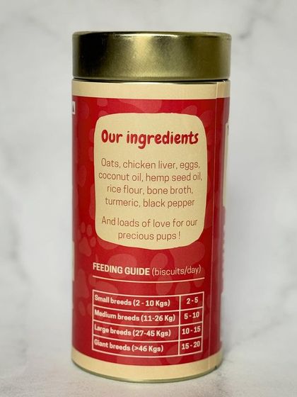 The ingredient list for my Hip & Joints cookies includes oats, chicken liver, eggs, coconut oil, hemp seed oil, bone broth, turmeric, and black pepper. Each ingredient is chosen for its functional benefit.