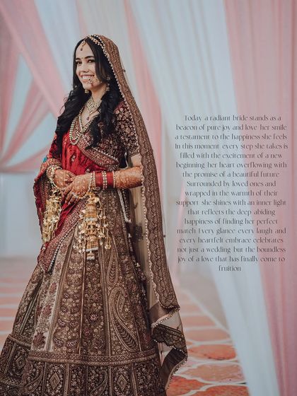 A full-length bridal portrait with a poetic text overlay, adding a layer of storytelling to the image.
