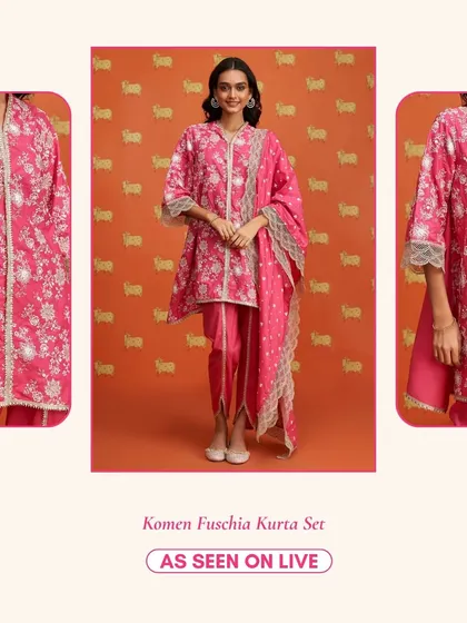The Komen Fuschia Kurta Set features trendy dhoti style pants. This is a great example of how I mix traditional embroidery with modern silhouettes.