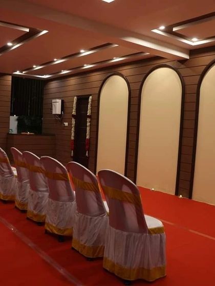 The interior of our meditation hall at the Bangalore centre, prepared for an event. The clean, elegant design creates a peaceful and welcoming atmosphere for seekers.