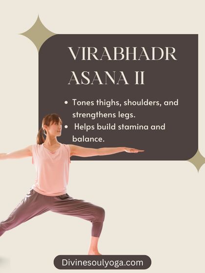 Virabhadrasana II (Warrior II) is a powerful standing pose that tones the thighs and shoulders while strengthening the legs. It is excellent for building stamina, focus, and a sense of empowerment.