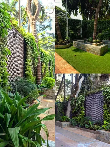 A collage showing a lush garden space where we used a combination of a creeper-covered trellis and manicured lawns. This demonstrates how different green textures can work together beautifully.