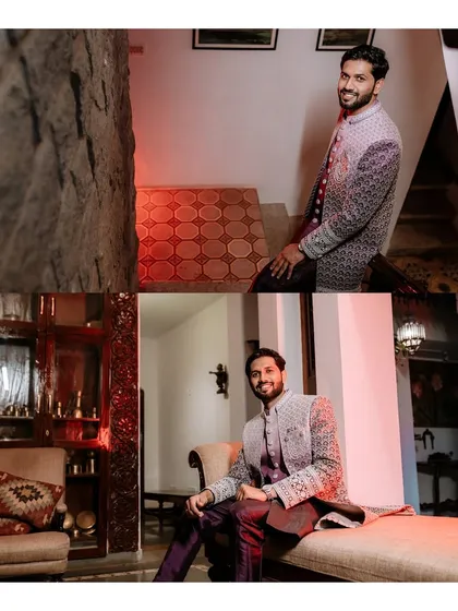 A collage of the groom's portraits, showing him in different poses around the venue.