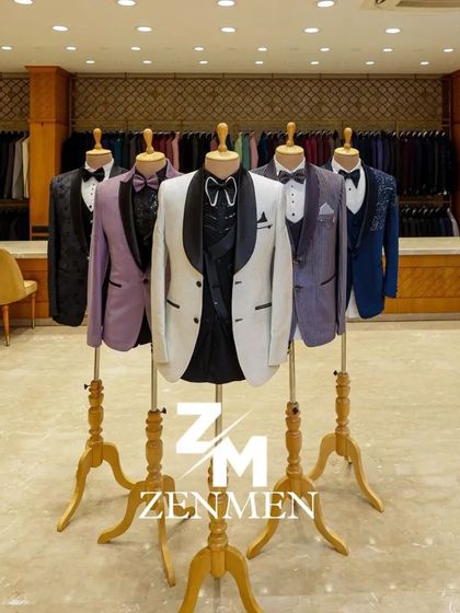 The full view of my diverse tuxedo collection on display in the studio. This shows potential clients the wide range of possibilities for their own custom outfit.