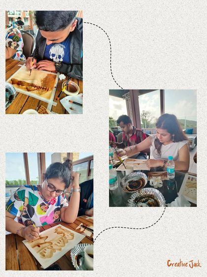 A collage showing close-ups of employees engaged in a coffee painting workshop. The focus and enjoyment are clear as they work on their individual art pieces.