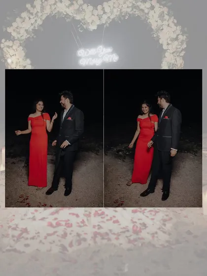 A candid diptych capturing the moments just before the big question. The nighttime setting with a heart-shaped arch creates a magical atmosphere for a proposal.