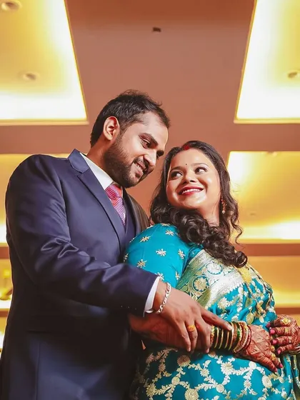 A romantic reception portrait. The couple looks so in love and happy together.