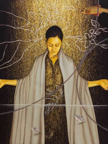 A powerful and evocative painting by artist C.F. John from his solo exhibition. This piece, rich in spiritual symbolism, demonstrates the profound, meditative quality of the art we feature, inviting deep reflection from the viewer.