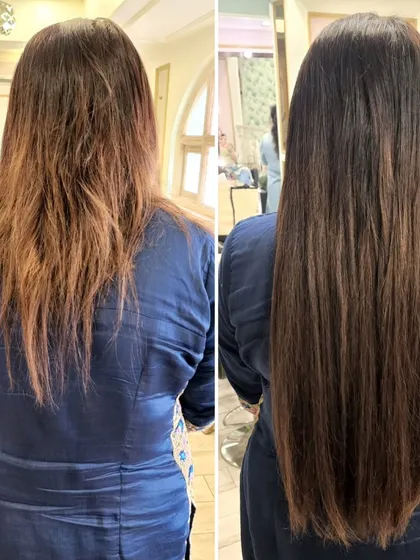 A common concern is hair that looks tired or damaged. In this before and after, you can see how I used premium human hair extensions to create a seamless, healthy, and polished look, completely revitalizing her style.