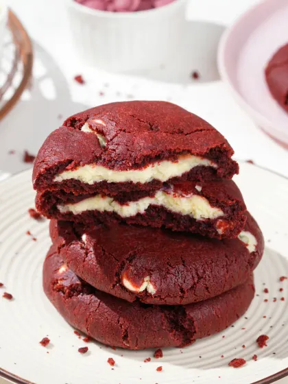 A red velvet cookie broken in half to reveal the creamy white chocolate filling. Cross-section shots are a powerful way to showcase what makes a product special and delicious.