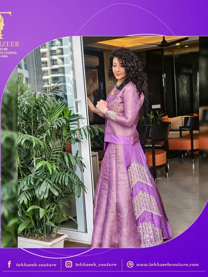 Another look at our lavender designer wear, perfect for making a statement. The intricate details and unique silhouette are designed to help you shine.