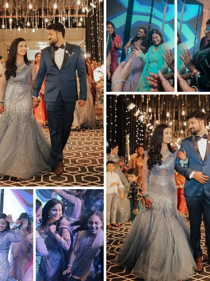 This collage is all about the fun and energy of the Sangeet. It shows the couple's grand entrance, their interactions with guests, and candid moments of dancing and celebration on the floor.