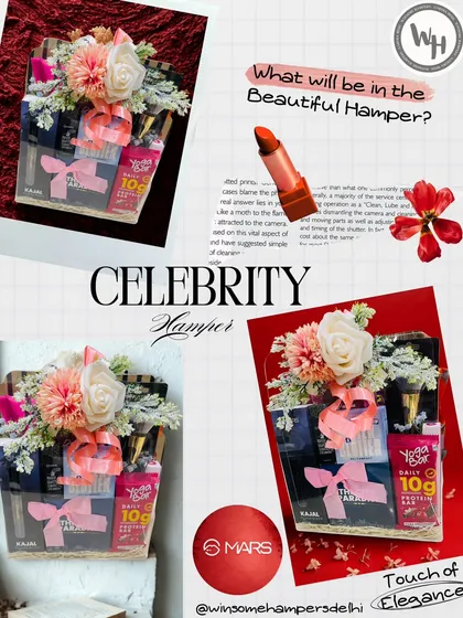 This collage showcases a celebrity hamper I curated for Mars Cosmetics. It gives a glimpse into the handpicked beauty items inside, like lipstick and makeup brushes, all brought together with a beautiful floral topper.