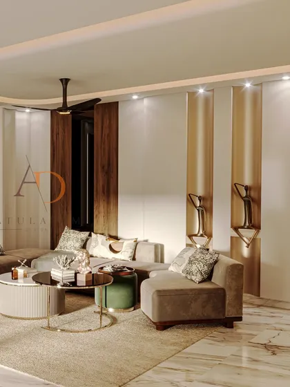 This living room features a unique focal wall with fluted panels, vertical wooden inlays, and integrated lighting, creating a warm and inviting atmosphere.