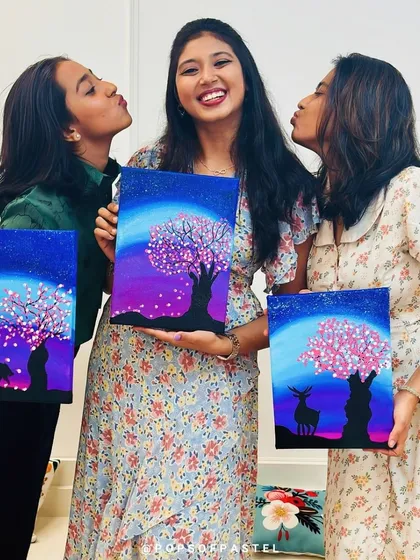 Best friends, canvases, and endless memories. These three friends had a blast painting their own versions of a dreamy night sky. Our studio is the perfect spot for a creative get-together with your favorite people.