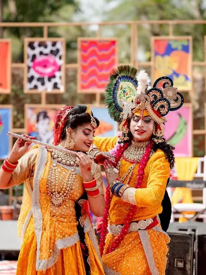 Dancers performing a traditional piece, with our custom pop-art backdrop adding a modern, quirky twist.