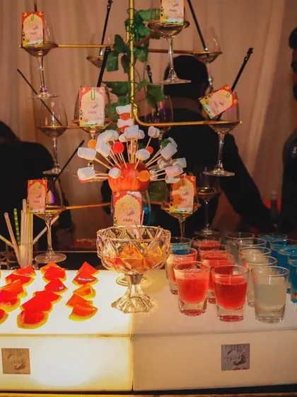 A full view of our colorful shot bar. We offer a variety of shots and garnishes, beautifully arranged to entice guests and get the party started.