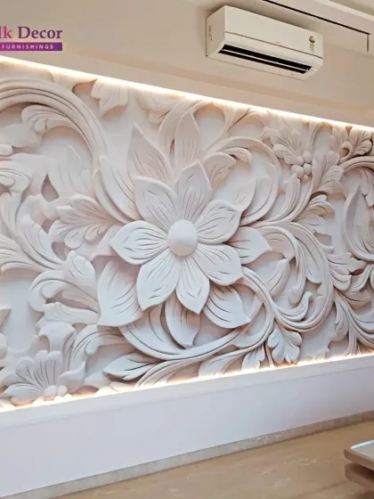 A wider view of the same 3D floral installation, showcasing how it transforms an entire wall into a focal point. The integrated lighting enhances the carved details, creating a warm and inviting ambiance.