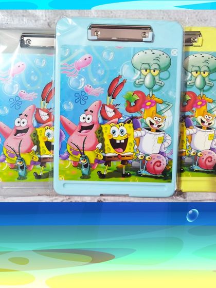 A closer look at the SpongeBob-themed storage clipboards, which come in assorted colors like blue and yellow.