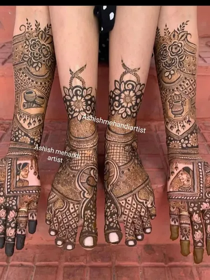 A complete bridal set featuring portrait mehandi on the hands and matching floral and geometric designs on the feet.