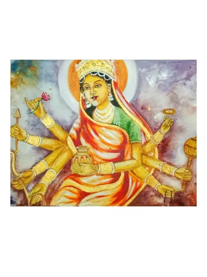 A portrait of Maa Durga, the divine mother, painted on paper with acrylics. The halo and her many arms holding symbolic items represent her power and grace.